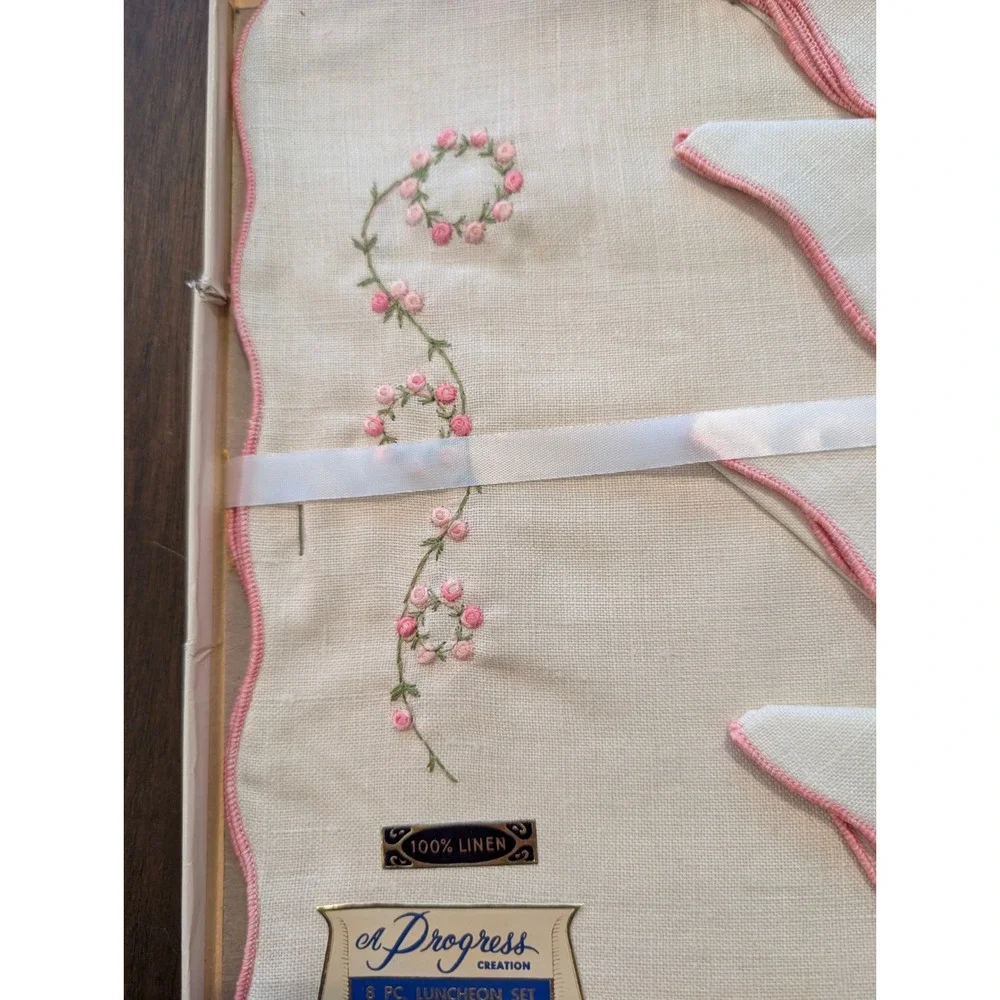 2 Vintage Linen Placemat Napkin Sets Cream Floral Scalloped MCM Unused